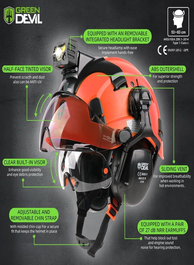 GREEN DEVIL Hard Hat Safety Helmet with Rechargeable Headlamp Light and Visor Ear Muffs Vented Work Hardhat ANSI Z89.1 Cascos De Construccion for Industrial Construction Forestry - Image 2